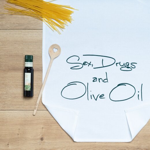 Geschirrtuch weiß, sex, drugs and olive oil in grün